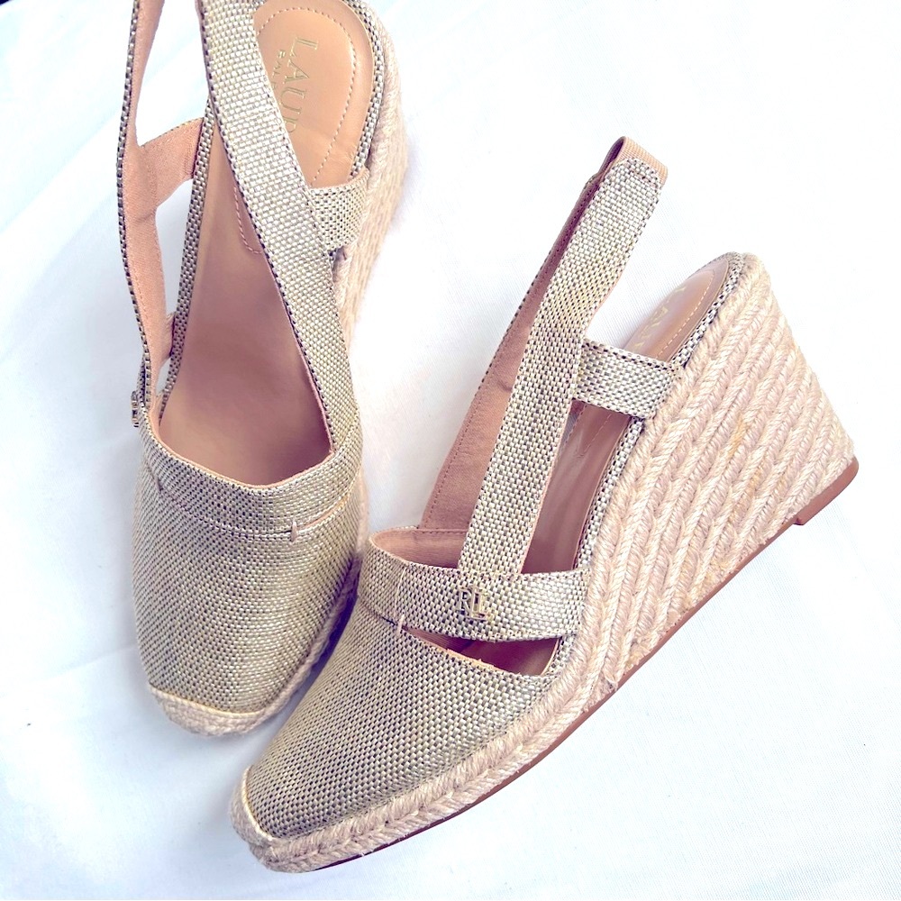🤍RALPH LAUREN Womens Beige Cap Toe Strappy Penelope Wedge Slip On Espadrille